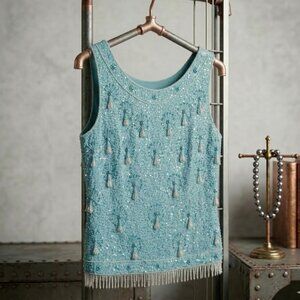 Vintage 60s Beaded Fringed and Tasseled Blue Wool Sweater Tank S/M